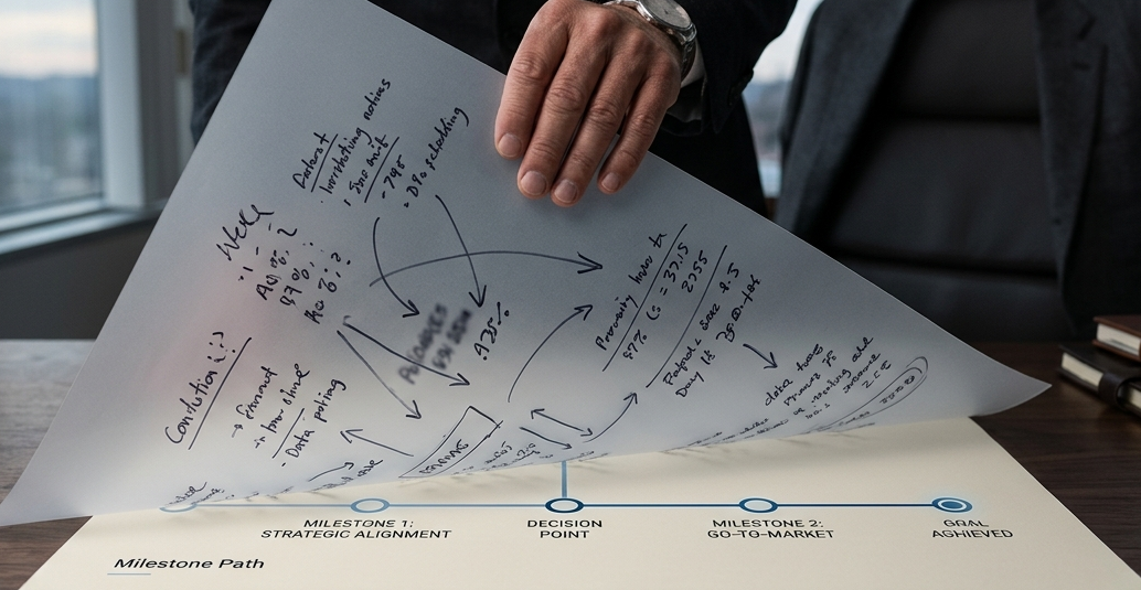 Messy notes being lifted to reveal a clear milestone path
