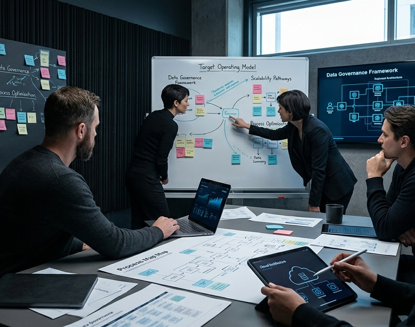 Team reviewing an operating model, process maps, and technical architecture diagrams